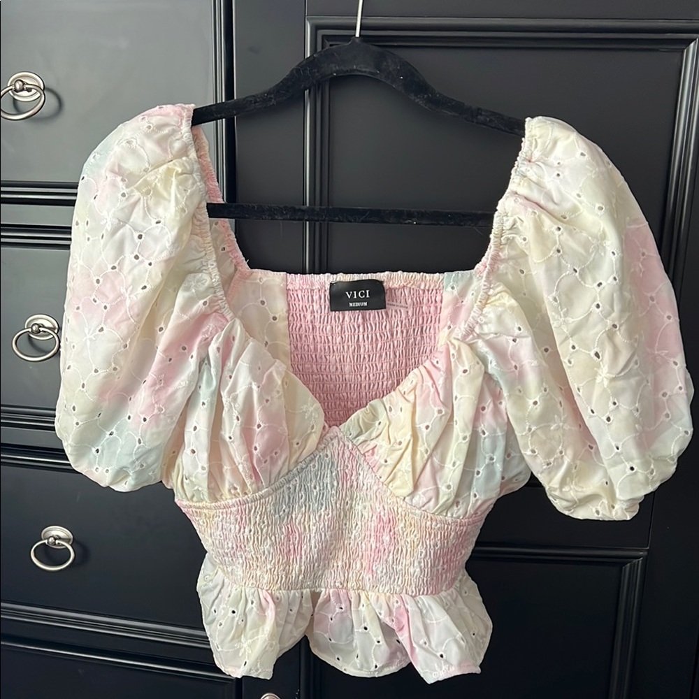 Vici Pink Puff Sleeve Smocked Blouse